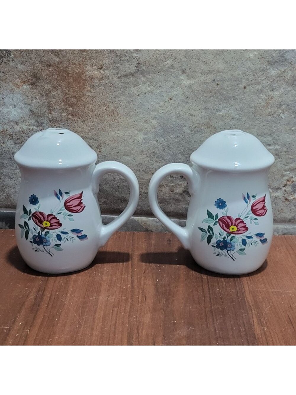 Vintage Ceramic Salt and Pepper Shaker Set Floral Dome Lids Side Handles
